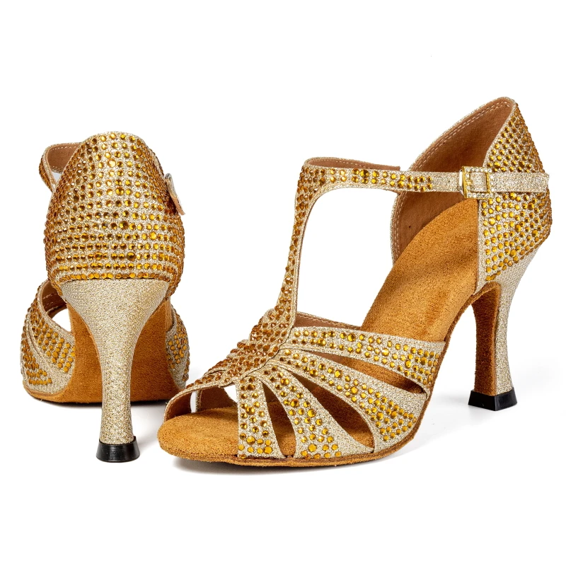 Latin Dance Shoes 2025 New Adult Women's Mid Heel 7.5cm Gold Diamond Set Soft Bottom Dance Shoes 4