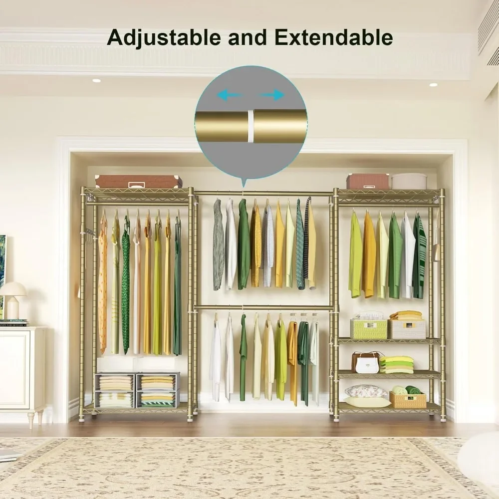 New2025-E1 Heavy Duty Closet Garment Rack, 6 Tiers Adjustable Metal Freestanding Expandable Clothing Storage with 4 Hanger Rods,