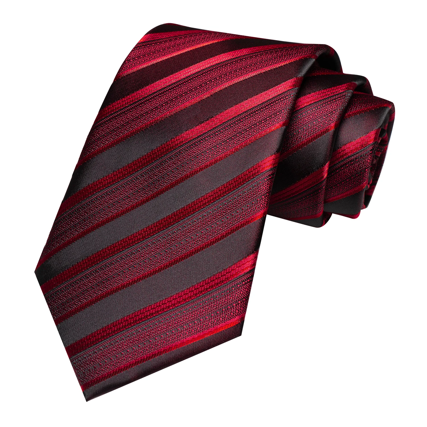Weinrot gestreifte Seidenkrawatte, Einstecktuch, Manschettenknöpfe, Krawattenklammer-Set, Designer-Krawatte für Herren, Hochzeit, Business, Party, Events – Detail 1