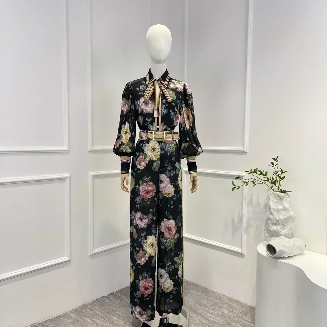 

Pure Silk 2023 Top Quality Vintage Floral Printing Long Lantern Sleeve Blouse and Belted Pants Trousers Women Fashion Casual Set