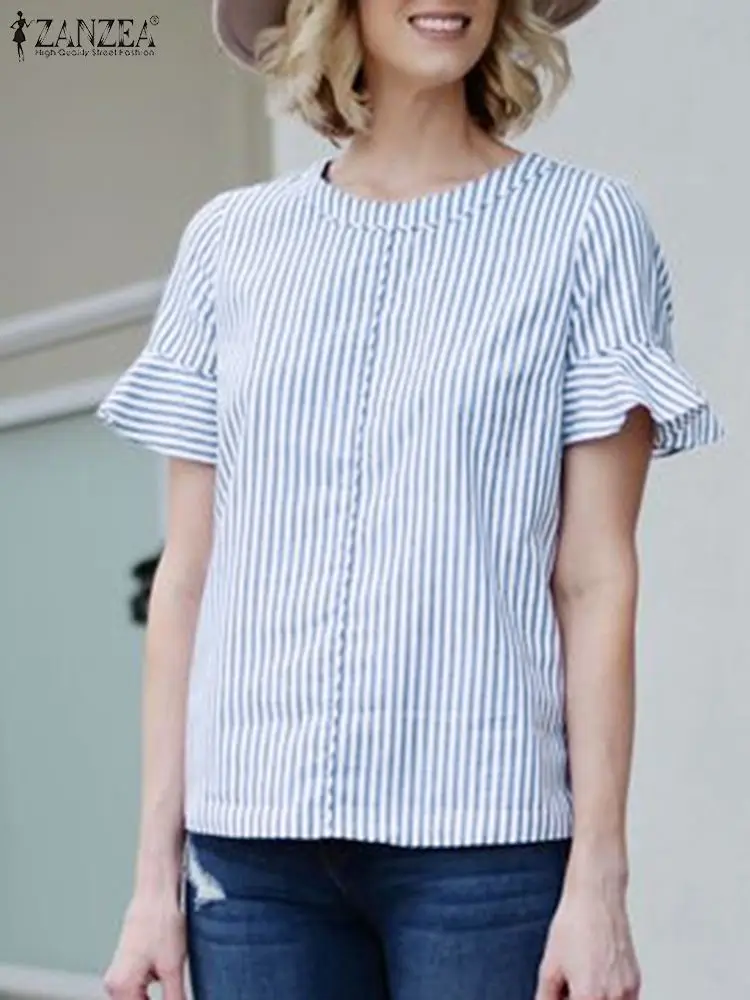 

ZANZEA Fashion Summer Women Elegant Striped Tops Casual Ruffles Hem Shirt Vintage Short Sleeve Blouse Holiday Party Blusas Mujer