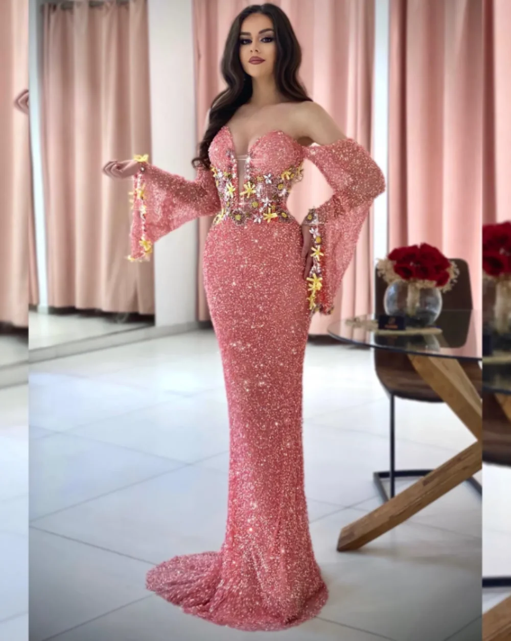 

Muslim Exquisite 2024 New Evening Dress Long Sleeve Off Shoulder Sequined Backless Appliques Lace Customed Formal Occasion Dress