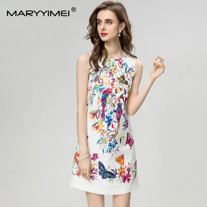 

MARYYIMEI Summer women's Sleeveless Jacquard Crystal Diamond Floral-Print Dress High Street White Tank High quality Dresses