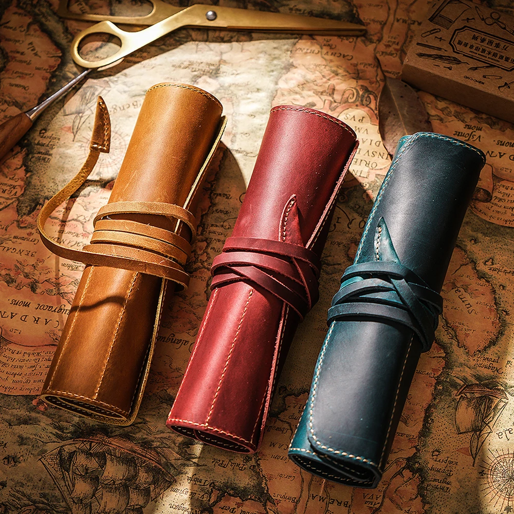 

100% Genuine Leather Rollup Pencil Bag Storage Pouch Organizer Wrap Bag Vintage Retro Creative School Stationary Product