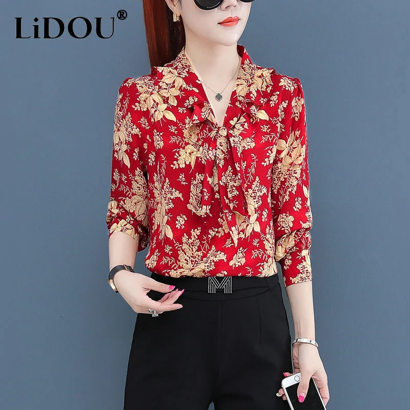 2023 Spring New Floral Printing Chiffon Shirt Women Shawl Collar Long Sleeve Bow Shirt Female Fashion Loose Comfortable Tops