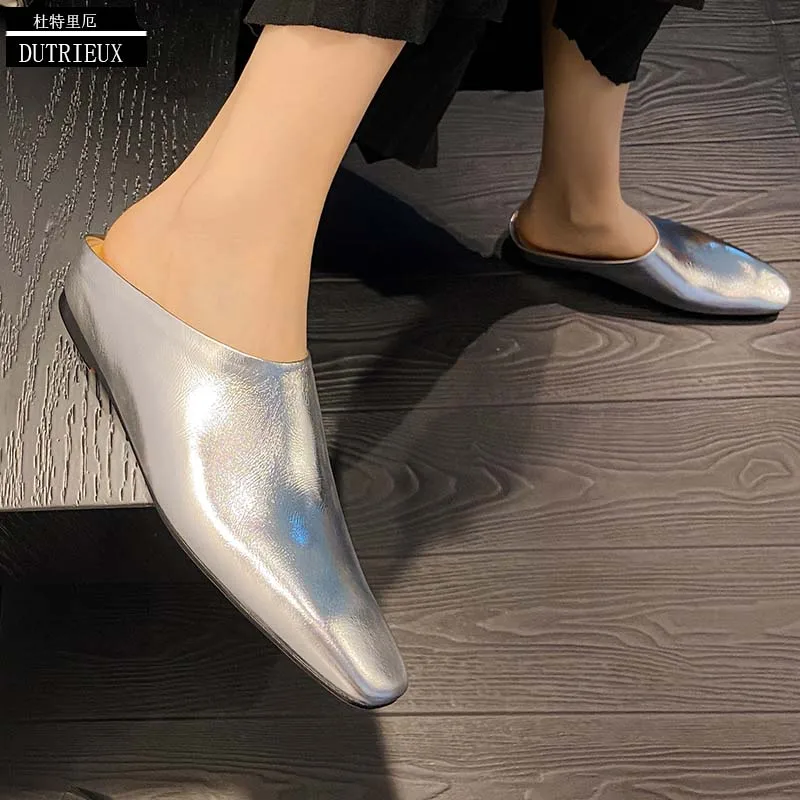 

Women Slides Female Shoes Full Grain Leather Genuine Ladies Pointed Toe Slippers 2023 TPR Flats Outside Summer Footwear Mules
