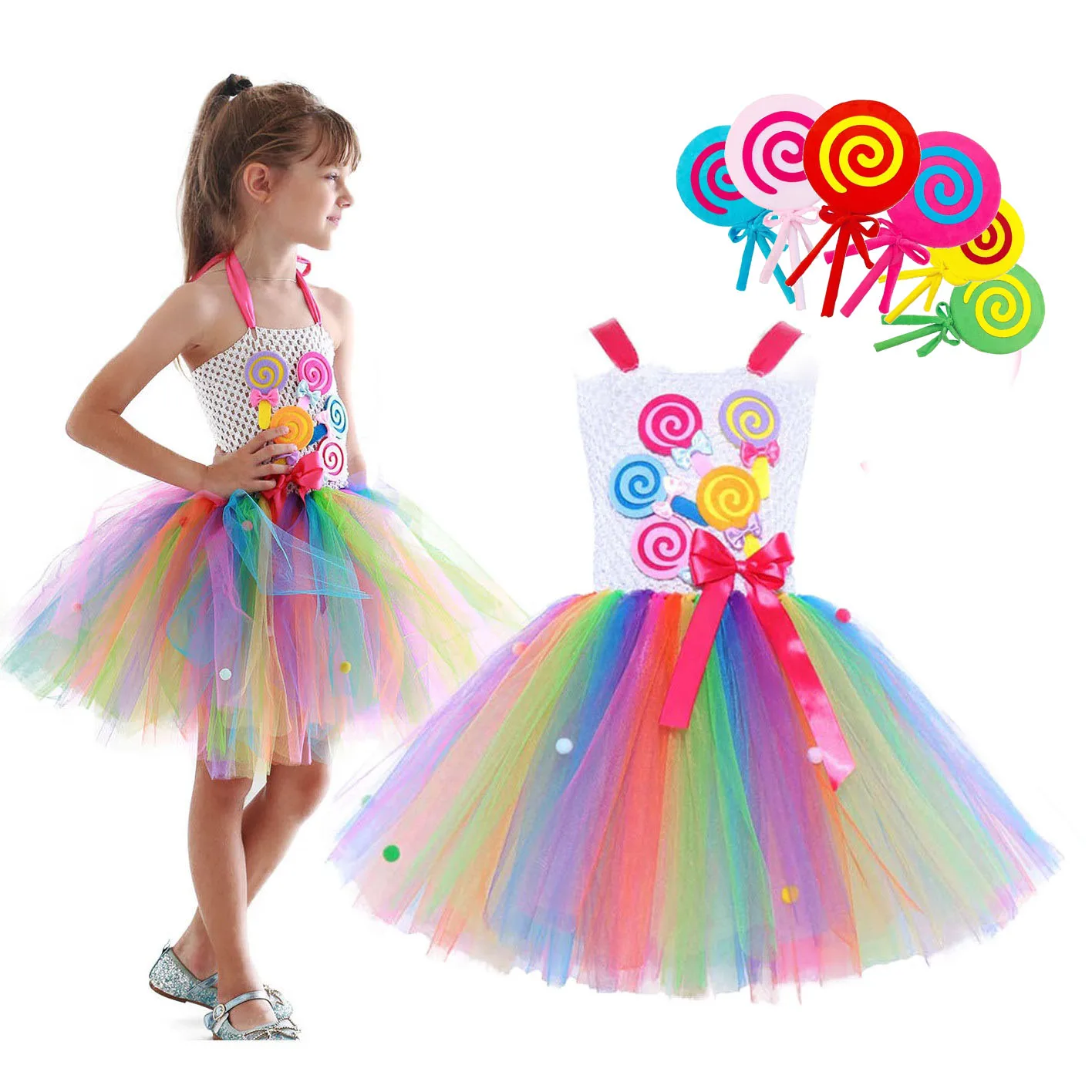 2024KidsSweetCandyRainbowPrincessLollipopCostumeBabyChildren