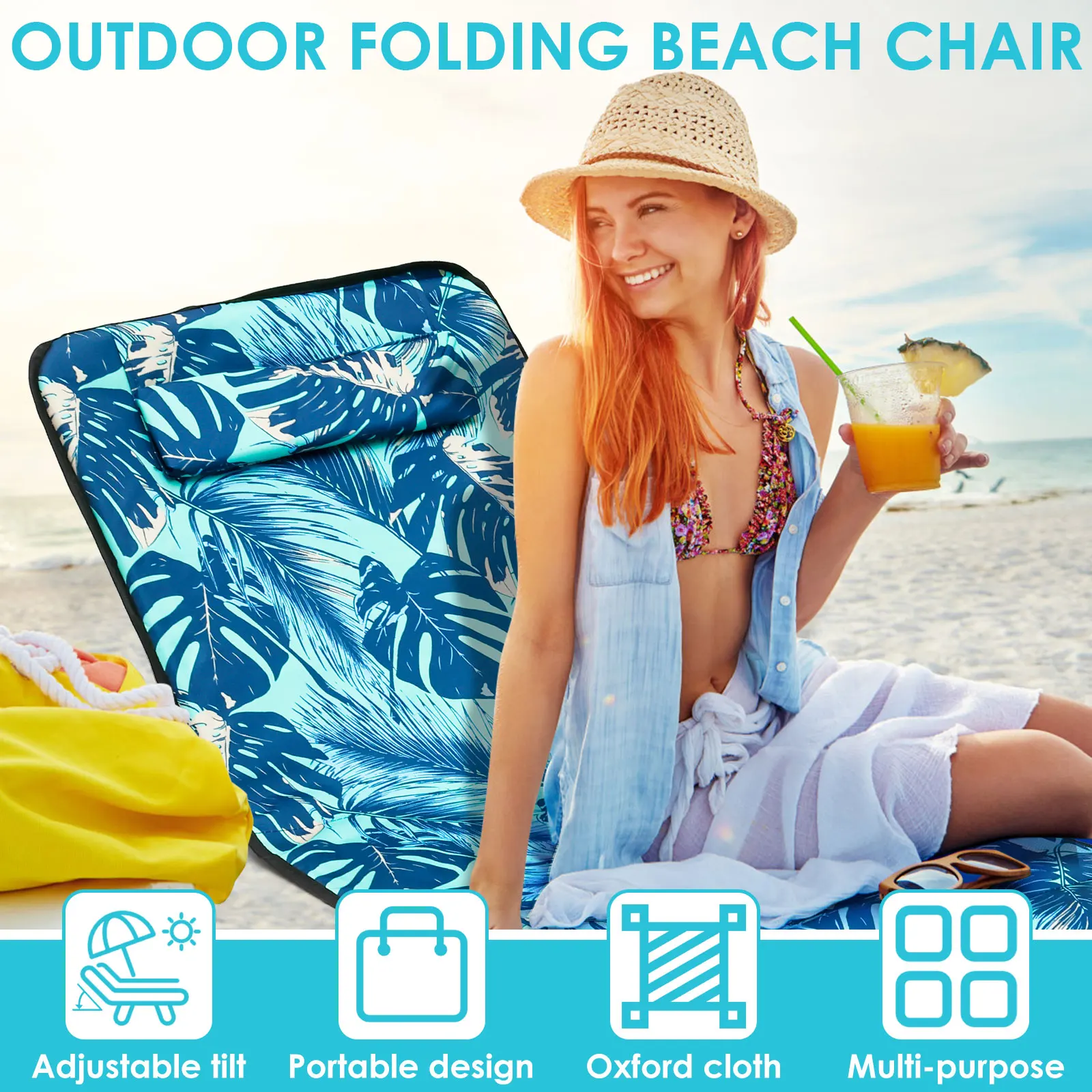 Beach Sun Chair Mat Oxford Cloth Waterproof Sunbathing Recliner With Pocket Adjustable Tilt Angle Portable Folding Tanning Mat