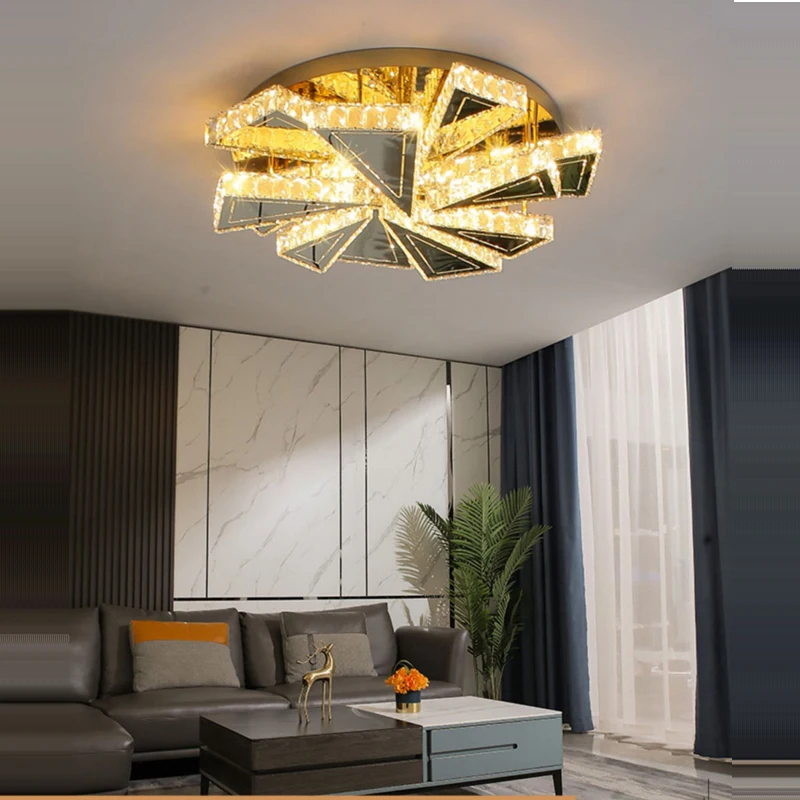 

Dimmable LED Postmodern Gold Chrome Crystal Stainless Steel Round Lustre Chandelier Lighting Lamparas De Techo For Foyer