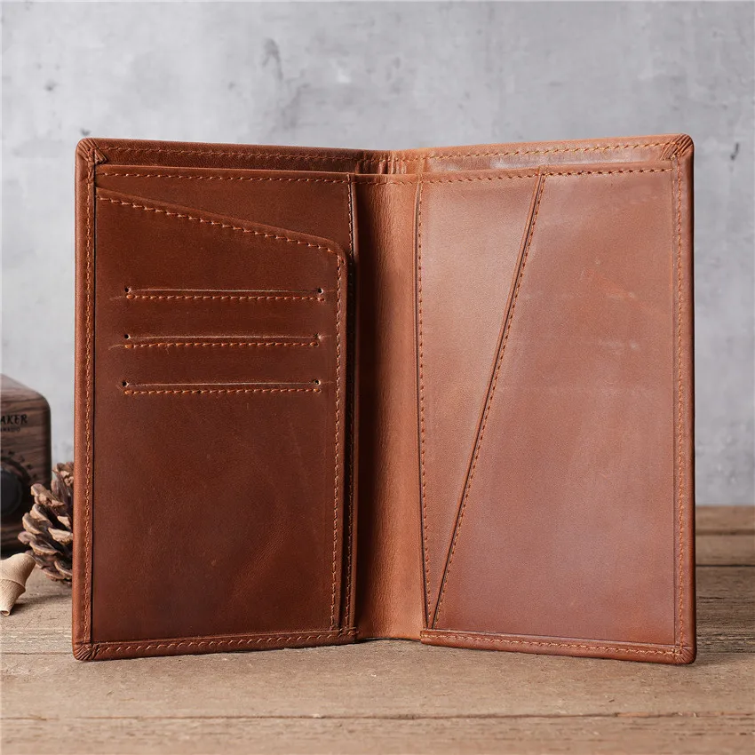 1116 Unisex Genuine Leather Passport Bag, Crazy Horse Cowhide Long ID Bag, Multi Slot Head Layer Cow Pickup Bag
