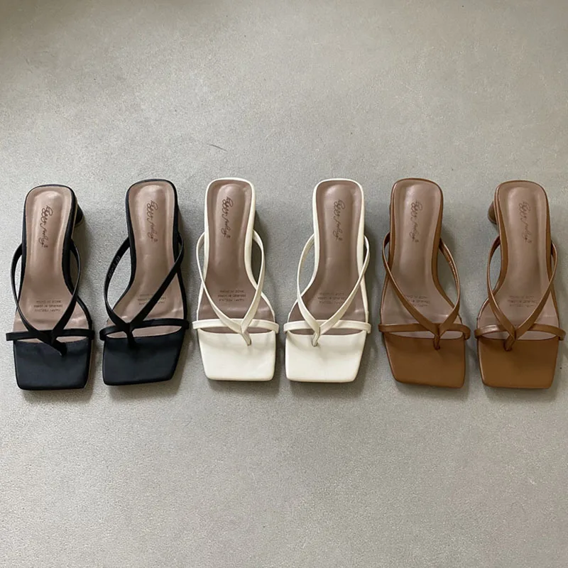 

Женские шлепанцы на низком квадратном каблуке, коричневые пляжные сандалии с узкими ремешками, Повседневные тапочки, большие размеры 40, лето 2023