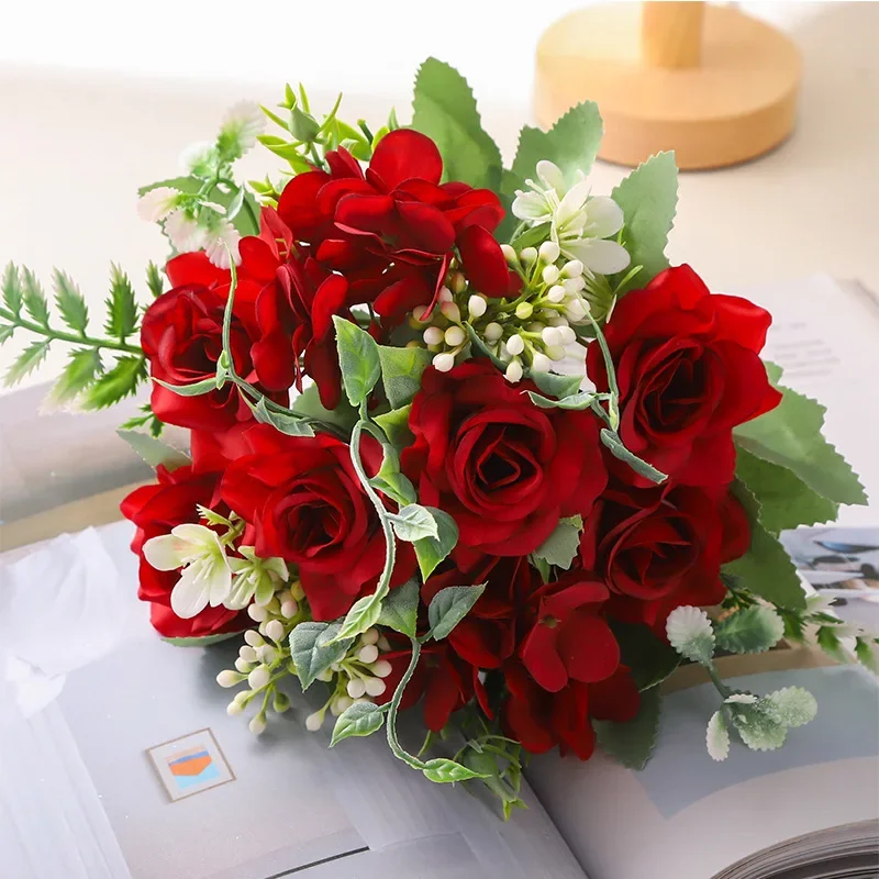 

26cm Artificial Flowerrose Hydrangea Bouquet Silk Flower Simulation Flower Wedding Home Decoration Bouquet Decoration