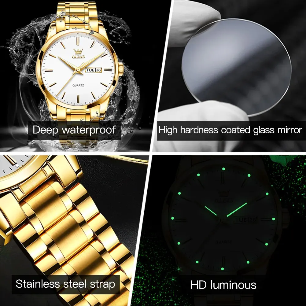 OLEVS Classic Gold Wrist Watches For Top Brand Luxury Business Date Waterproof Luminous Stainless Steel Men Quartz Wristwatch