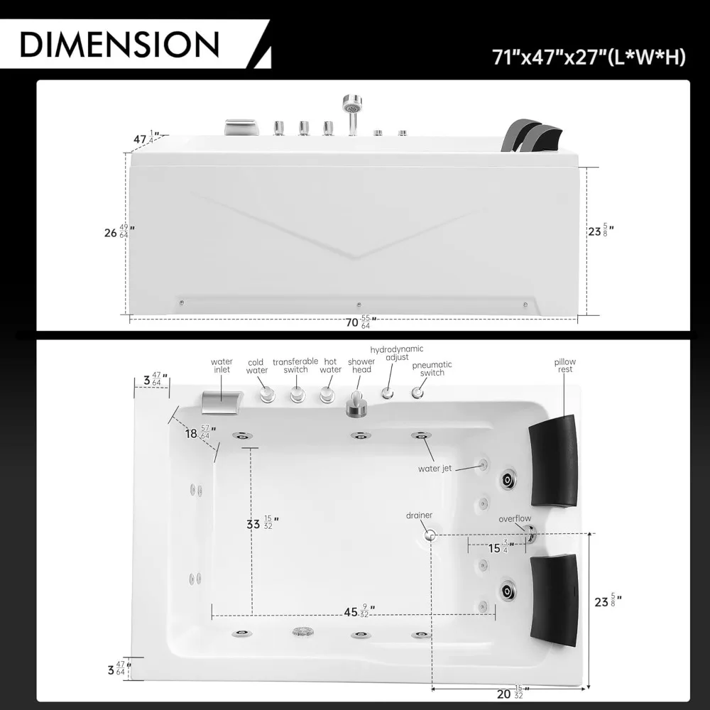 2 Person Whirlpool Bathtub,71” Whirlpool Tubs with 16 Jets,Jetted bathtub,Acrylic SPA Bath Tub,2 Person Hydro Massage Bathtub 4