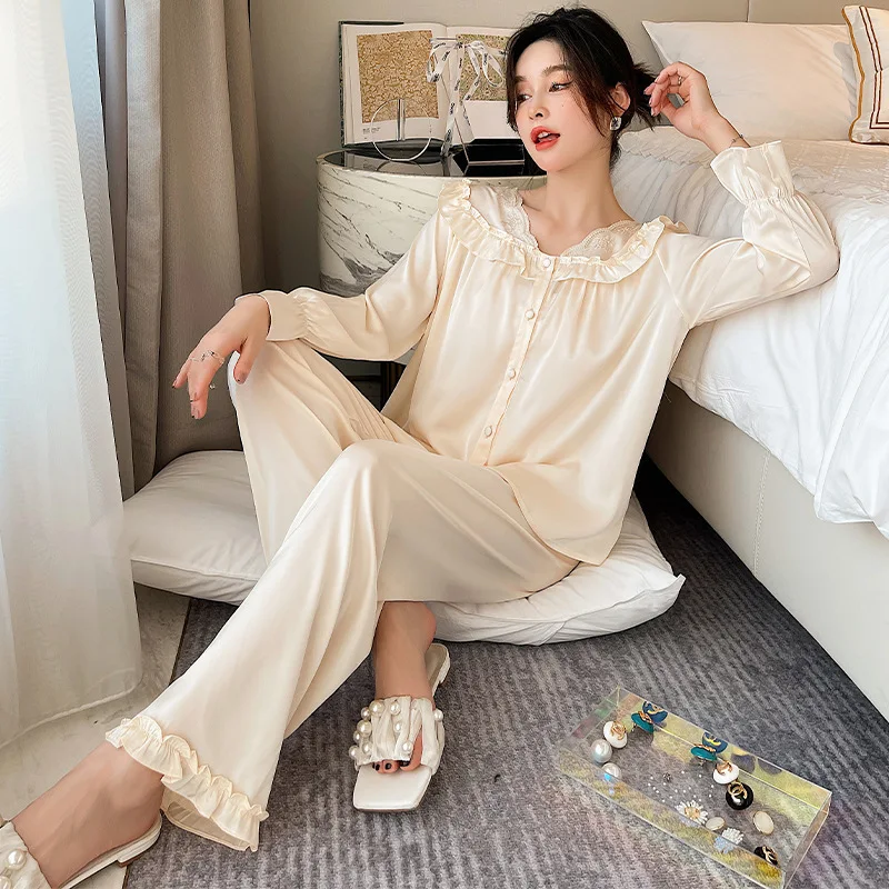New women's pajamas ice silk long-sleeved trousers palace style loungewear two piece set summer