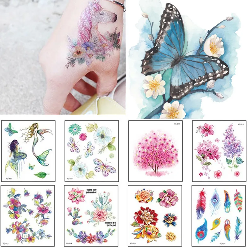 Pegatinas de tatuaje con purpurina para niños, tatuaje falso unicornio, sirena, pluma de flor, cara, brazo, arte corporal, pegatinas|Tatuajes temporales| - AliExpress