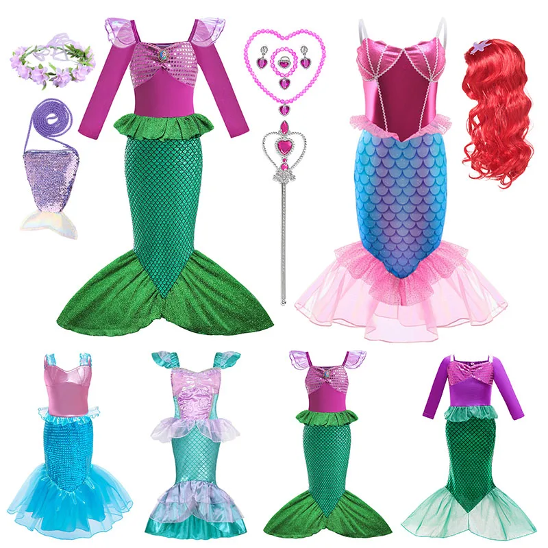 Disney Girls The Little Mermaid Ariel Princess Dress for Birthday Carnival Cosplay Kids Fish Tail Costume Children Fancy Clothes girls party dress kids unicorn cosplay costume child carnival halloween birthday wedding fancy princess rainbow dresses vestidos