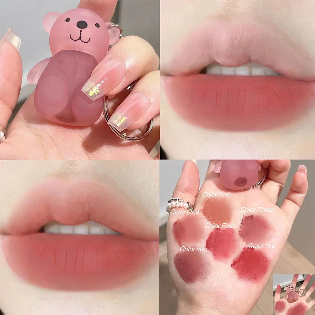 Cute Bear Keychain Lip Mud Matte Velvet Mousse Grey Pink Lipstick