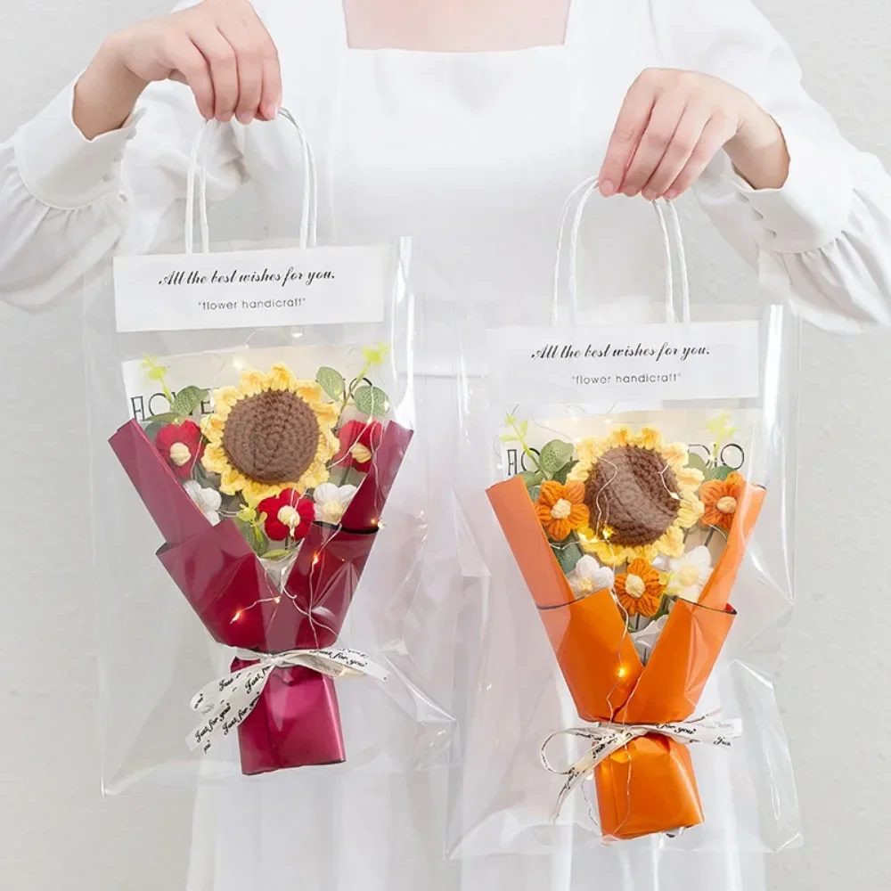 1pc Crochet Flowers Bouquet Finished Graduation Flower Bouquet With Gift Bag Led Lamp String Festival Decoration Handmade Gifts