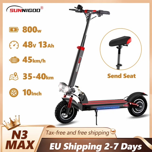 Trottinette électrique SUNNIGOO pour adulte, 10 pouces, tout-terrain, batterie lithium 48V, vitesse maximale ​ ​ Trottinette électrique pliable 45 km/h avec siège, longue autonomie, puissante, capacité de montée élevée, portable, étanche IP54 1