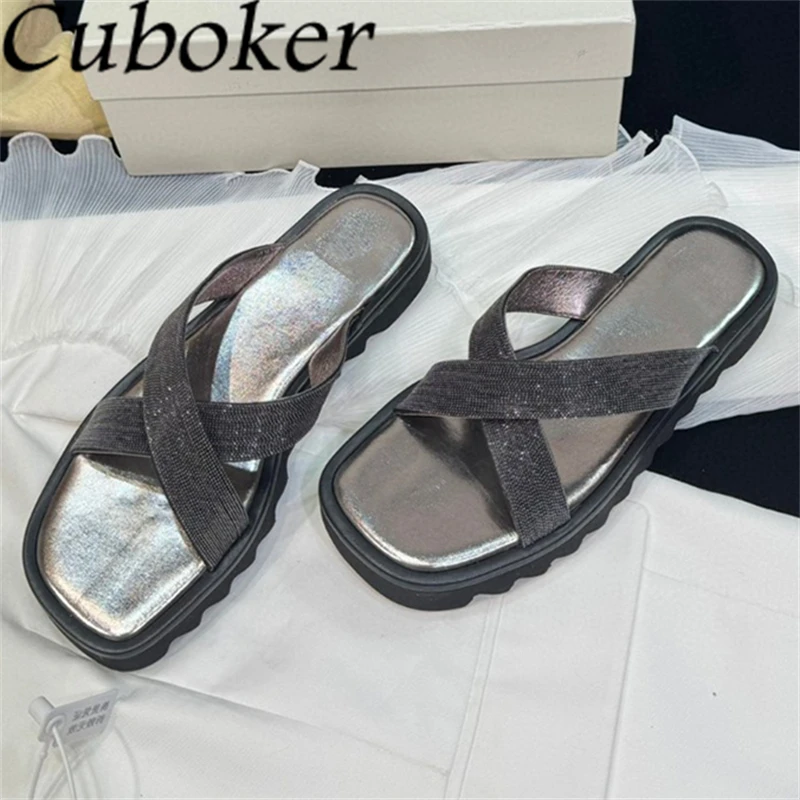 

2024 Summer Open Toe Thick Sole Flat Slippers Women Concise Cross Band Platform Mules Ladies Casual Beach Slides Shoes Female