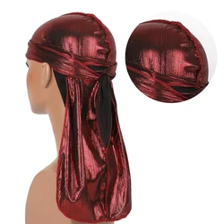 Exclusive Men's Laser Silk Monochrome Turban Colorful Shiny Men Long Tailed Pirate Hat Baotou Hat Headwear Bandanas Hair Cover