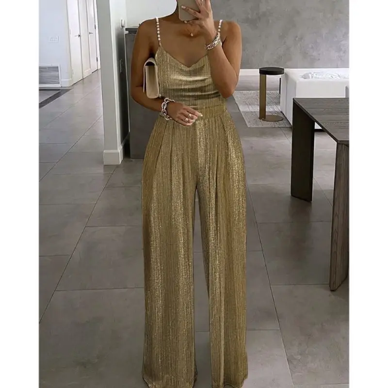 Off The Shoulder Stud Sexy Strap Women's Dinner Romper Spring Summer New Fashion Pleated Loose Straight Leg Female Long Romper