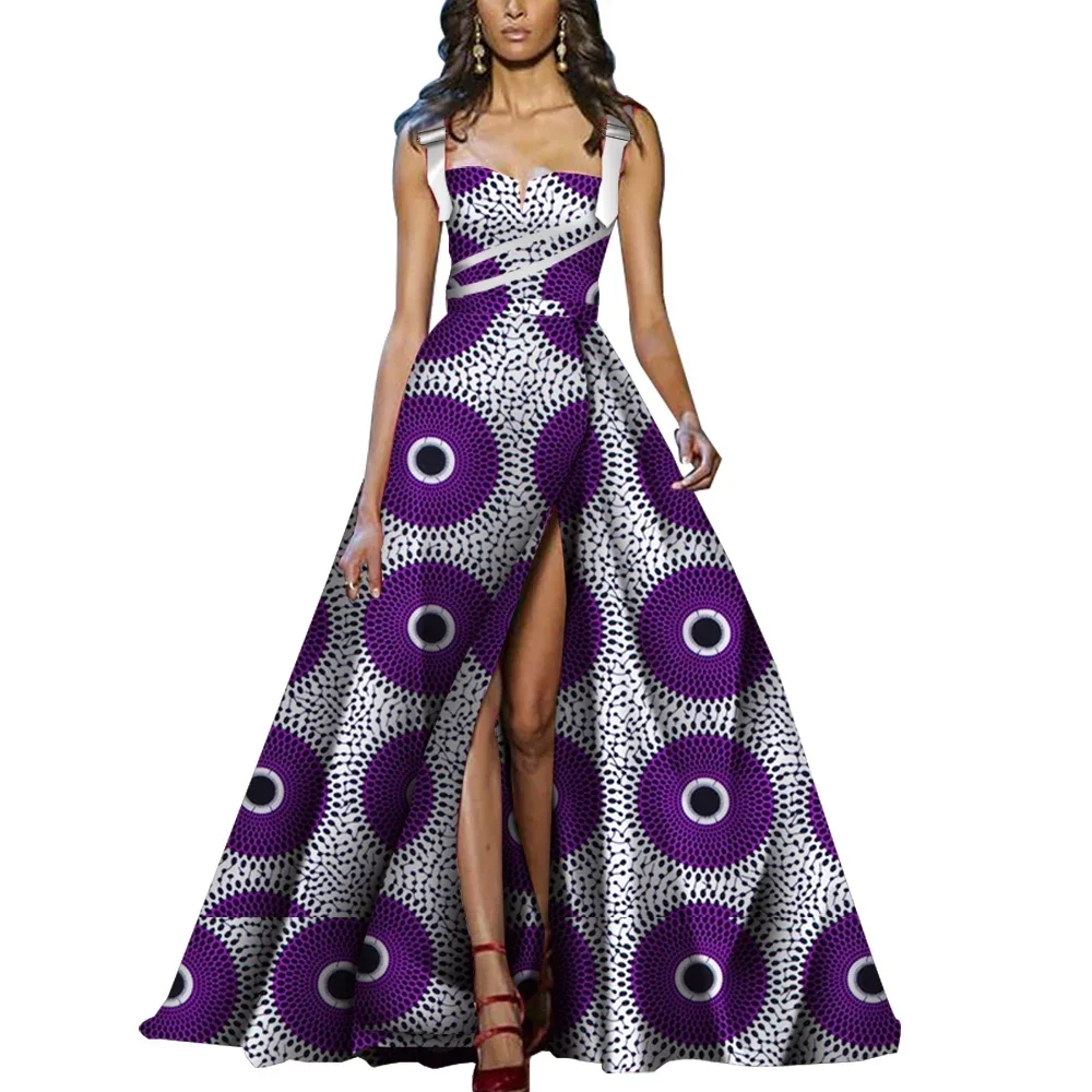 African Dresses Women Print Dashiki Adjusting Buckle Long Split Dress Bazin Riche Sleeveless Ankara Dresses WY5965