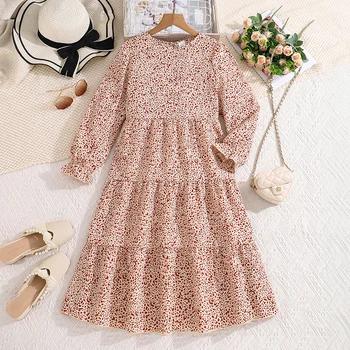 Kids Casual Dress for Girls 2024 New Spring Autumn Teenager Full Printing Long-Sleeved Dress Princess Dress Kids Daily Clothes 1