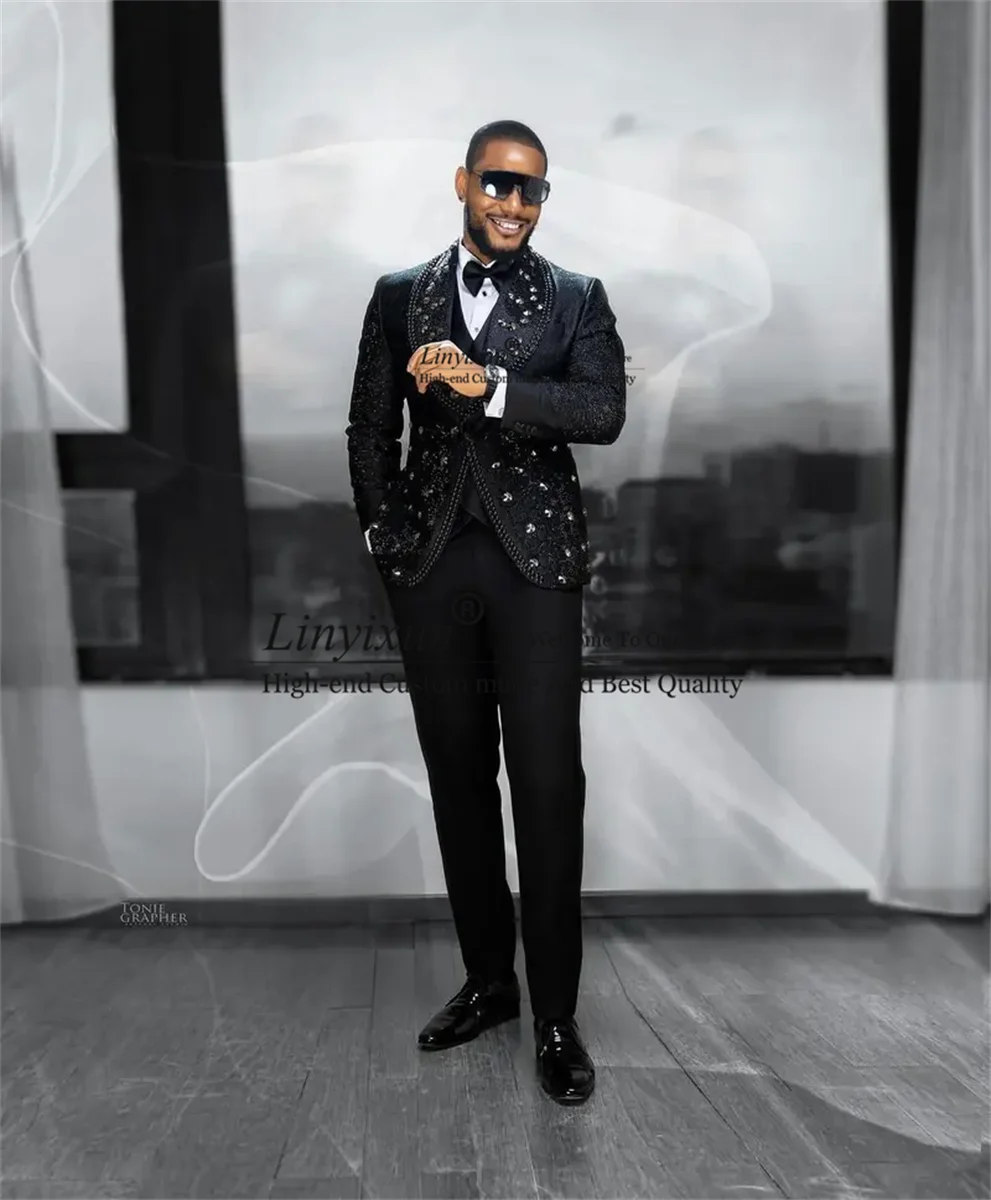 Elegance Jacquard Beaded Crystals Men Suits 3 Pieces Groom Wedding Tuxedos Male Prom Party Blazers Formal Customized Costume 3