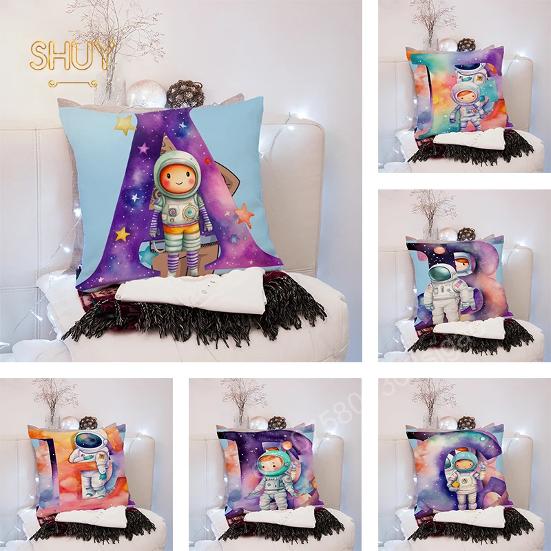 

Watercolor Cartoon Astronaut English Letters Pillow Case Sofa Decor Led Cushions Cover Kids Gift Children Bedroom Throw Pillows