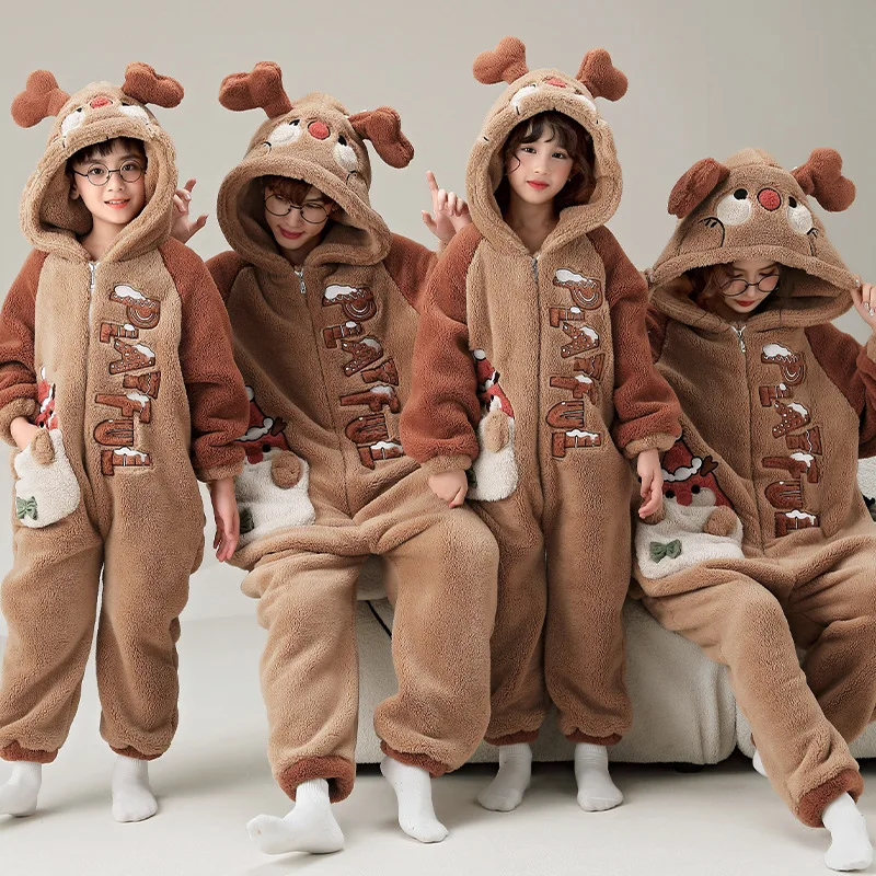 Parent-Child Outfit Pijamas Jumpsuits Kawaii Cartoon Panda Cat Women Men Sleepwear Hoodies Winter Thicken Pajamas Onesie Pyjamas