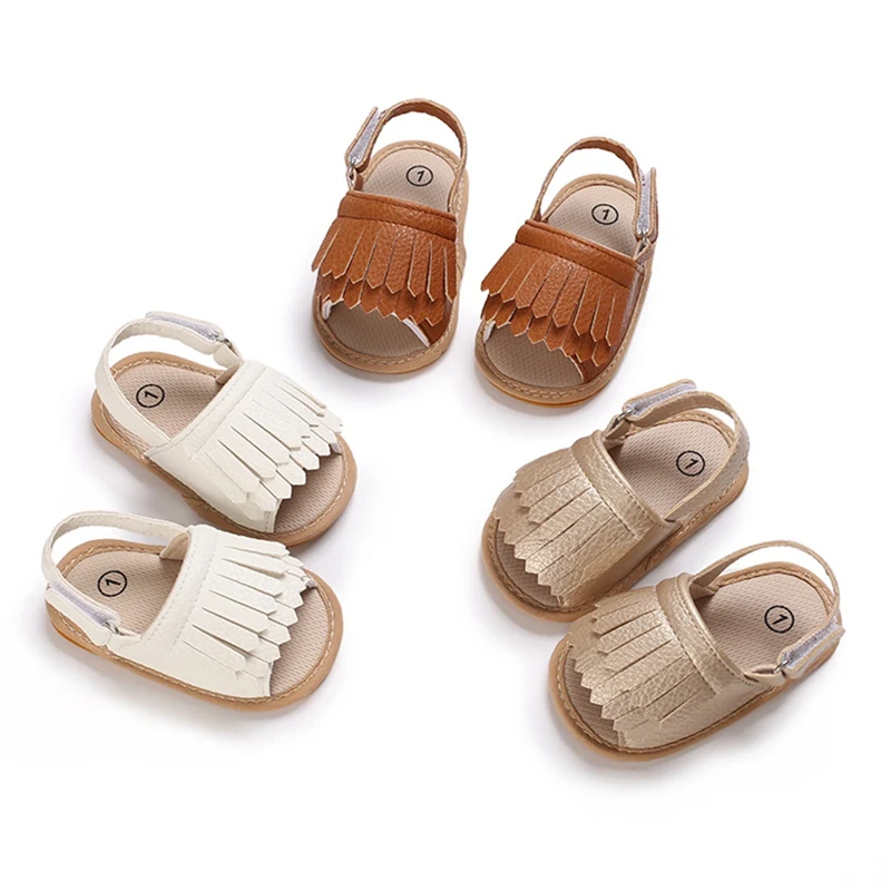 

Baywell Baby Shoes Summer Newborn Girl Fringe Sandals PU Leather Flats Soft Rubber Sole Anti-Slip Crib First Walker Shoes