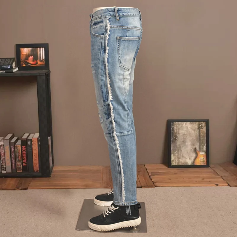 Fashion Streetwear Men Jeans Retro Blue Elastic Stretch Skinny Fit Ripped Jeans Men Spliced Designer Hip Hop Denim Pants Hombre
