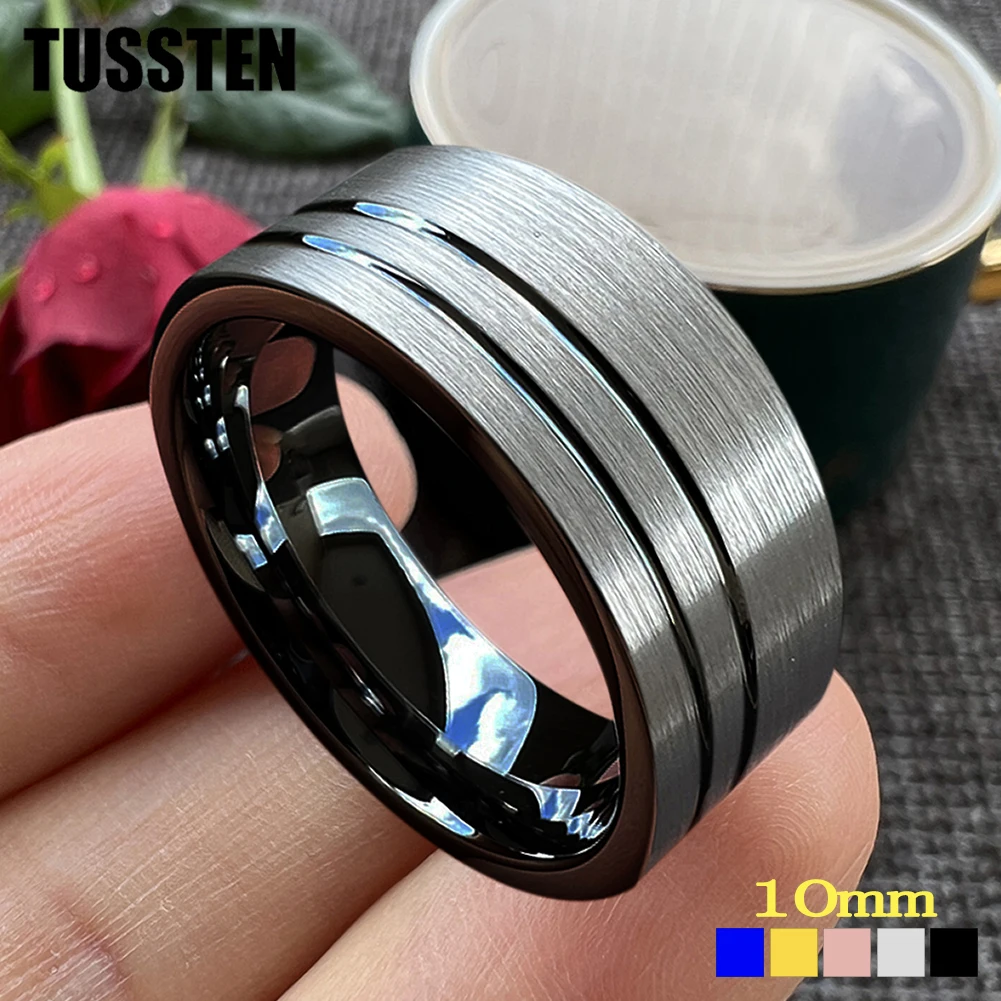 TUSSTEN 10MM Men Women Flat Wedding Band Tungsten Finger Ring 2 Grooves Finish Great Workmanship Comfort Fit Free Shipping slippers summer toe ring flat slippers in pink size 40 41