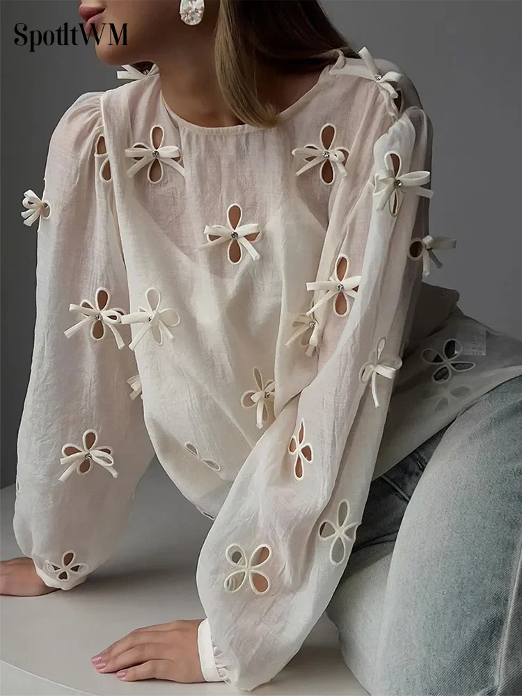 

Женские Прозрачные рубашки с вырезами и 3d бантом, повседневные свободные блузки с круглым вырезом и рукавами-фонариками, милые модные блузки 2024