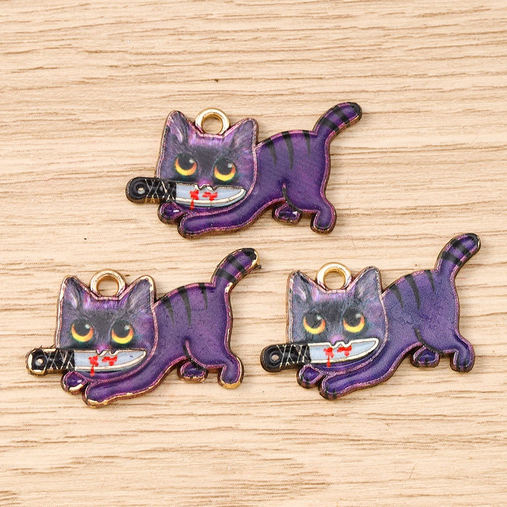 Tusember 10 Stück Niedliche Emaille-Halloween-Messer-Katzen-Anhänger für Schmuckherstellung DIY Gruselige Halloween-Anhänger Halsketten Armbänder Bastelarbeiten – Detail 7