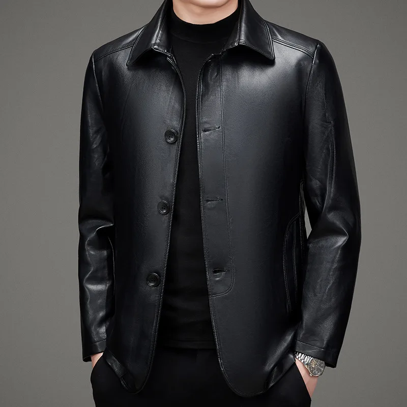 2023 New High-End Men Leather Jacket Middle-Aged Leisure Dad Leather Coat Lapel Casual Solid Color Large Size Outwear Trend