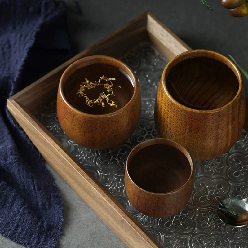 Japanese Style Wooden Teacups Solid Wood To-go Cups Handmade Wooden Water Cups Big Belly Wine Glass