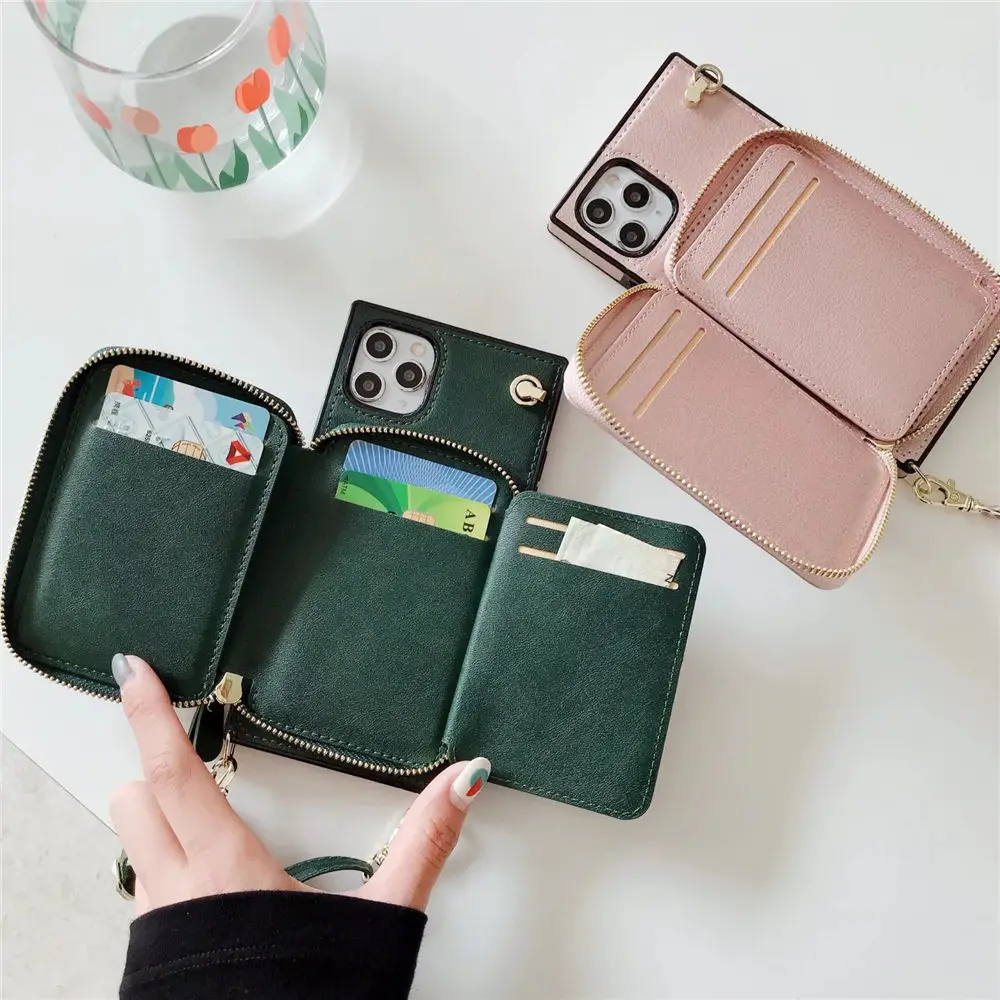 Elegant Zipper Wallet Crossbody Leather Case with Long Lanyard