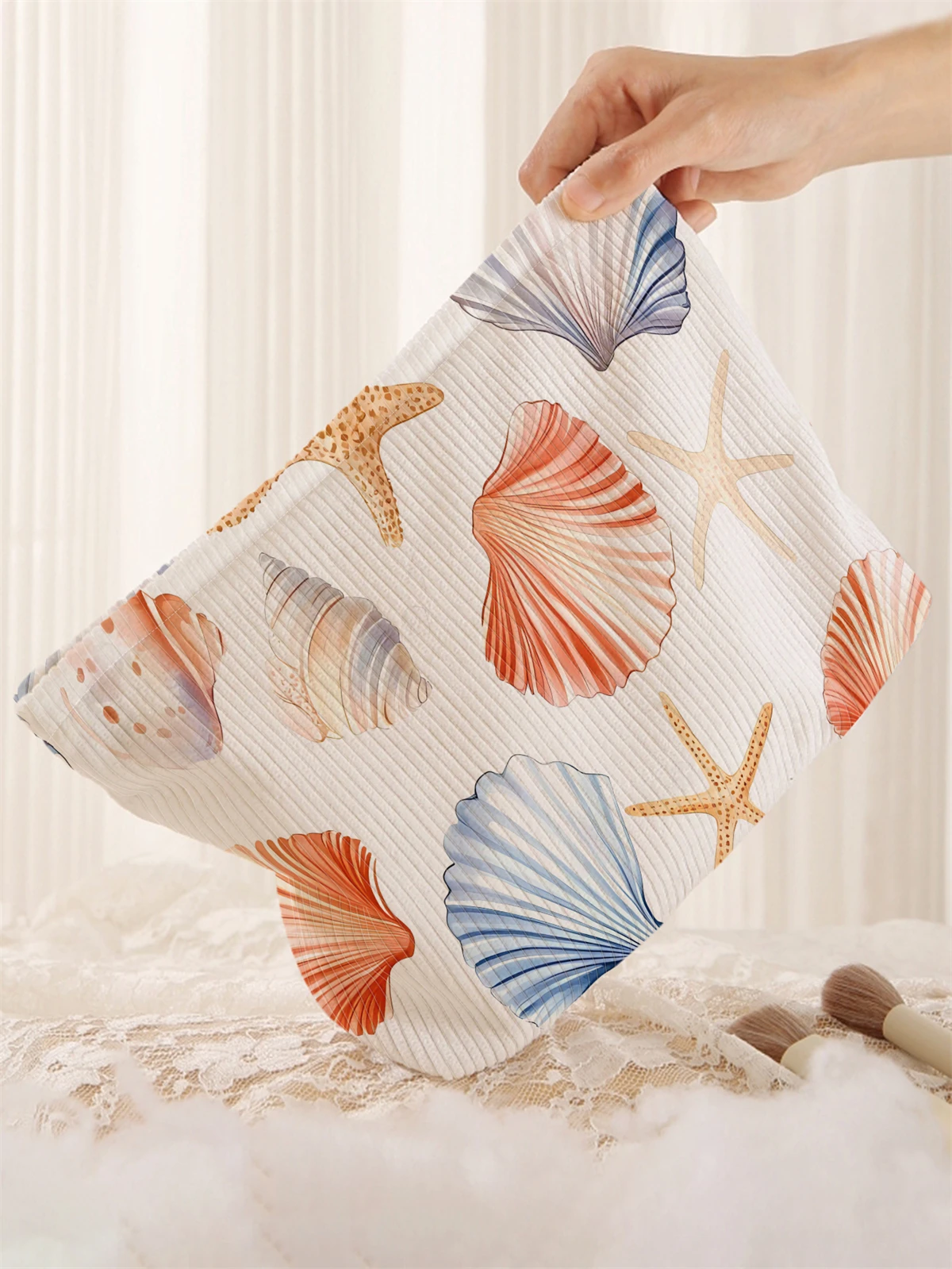 Ocean shell patterned corduroy makeup bag, lightweight zipper makeup storage box, multifunctional bag with lining