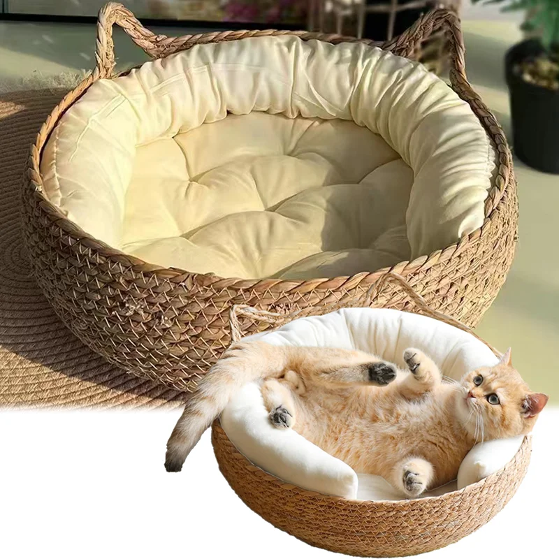 

Handmade Vine Woven Cat Nest Bed Seasonal Rattan Woven Cat Bed Removable Upholstery Scratch Washable Cozy Pet Bed Accessories