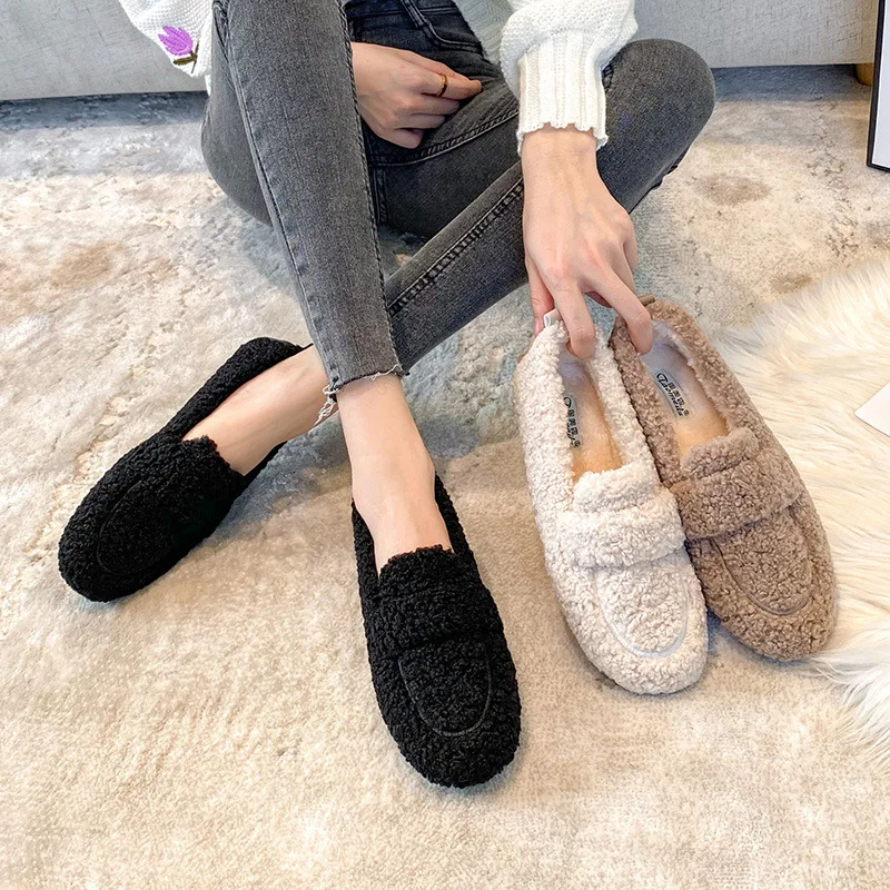 Fur Loafers Ladies Shoes Black Flats Vintage Shoes Women Fashion Womens Comfort Slip On Feminino Schoenen Dames Sepatu