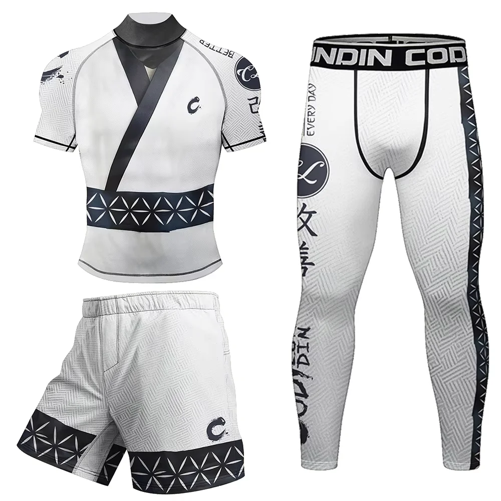 New Bjj Jiu Jitsu Rashguard For Men Boxing MMA T-shirt +Pant Set Brazilian Grappling MMA Compression Clothings Muay Thai Shorts