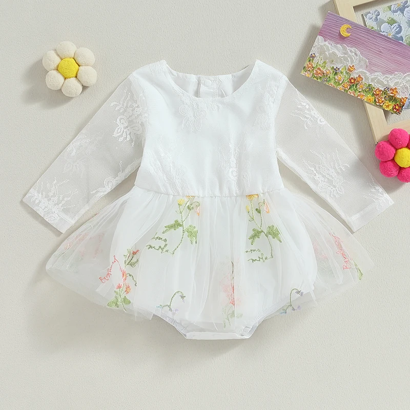 Infant Baby Girls Spring Romper Dress Butterfly Flower Embroidery Long