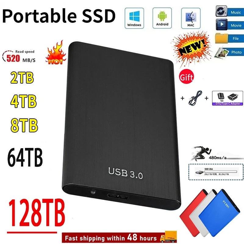 Disco Rígido Externo USB 3.0, SSD Portátil, Disco Duro, Armazenamento de Interface, 2TB, Alta Velocidade, Tipo-C, Discos Rígidos para Laptop