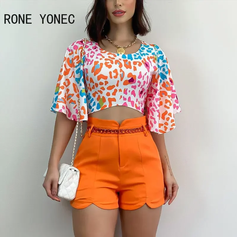 2023 Women Casual Leopard Pattern Ruffle Sleeves Crop Tops & Solid Bottom with Chain Belts Short