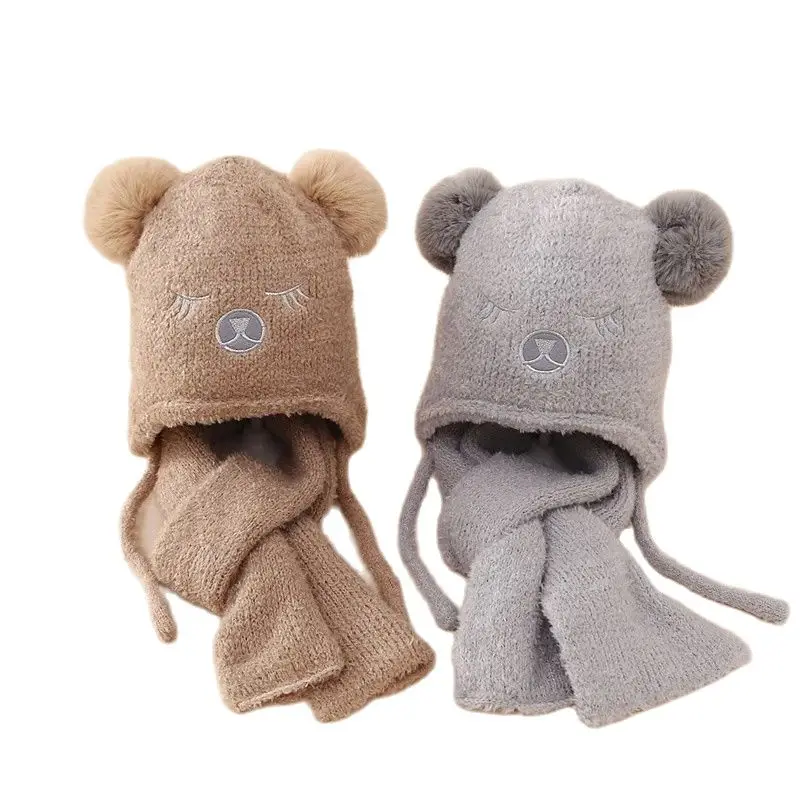 New Winter Children's Warm Hat Scarf Set Double Balls Bear Plush Ear Protection Two Piece Set For Boys And Girls With Plush Hat