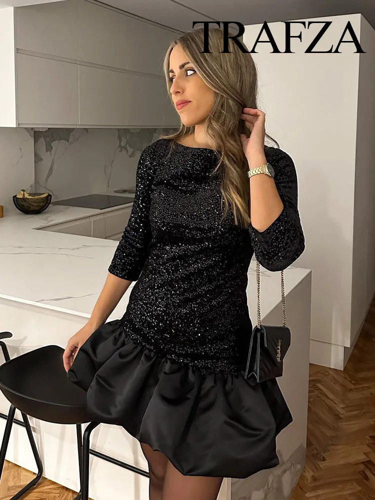 

TRAFZA Female Hem Pleat Ruffles Sexy Sequin Dresses Women Glitter Backless Mini Dress Women Wide Neck Three Quarter Sleeves