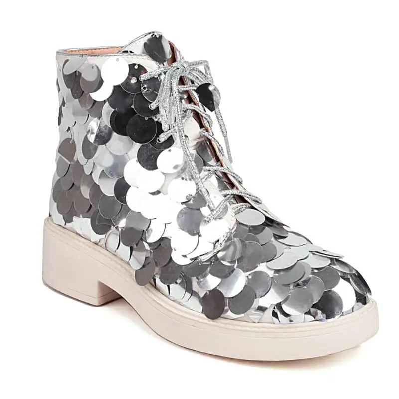 

Fashion Shiny Party Shoes Women's 2023 Autumn New Thick Bottom Platform Lace Up Zipper Martin Ankle Boots Gold Silvery Big Size